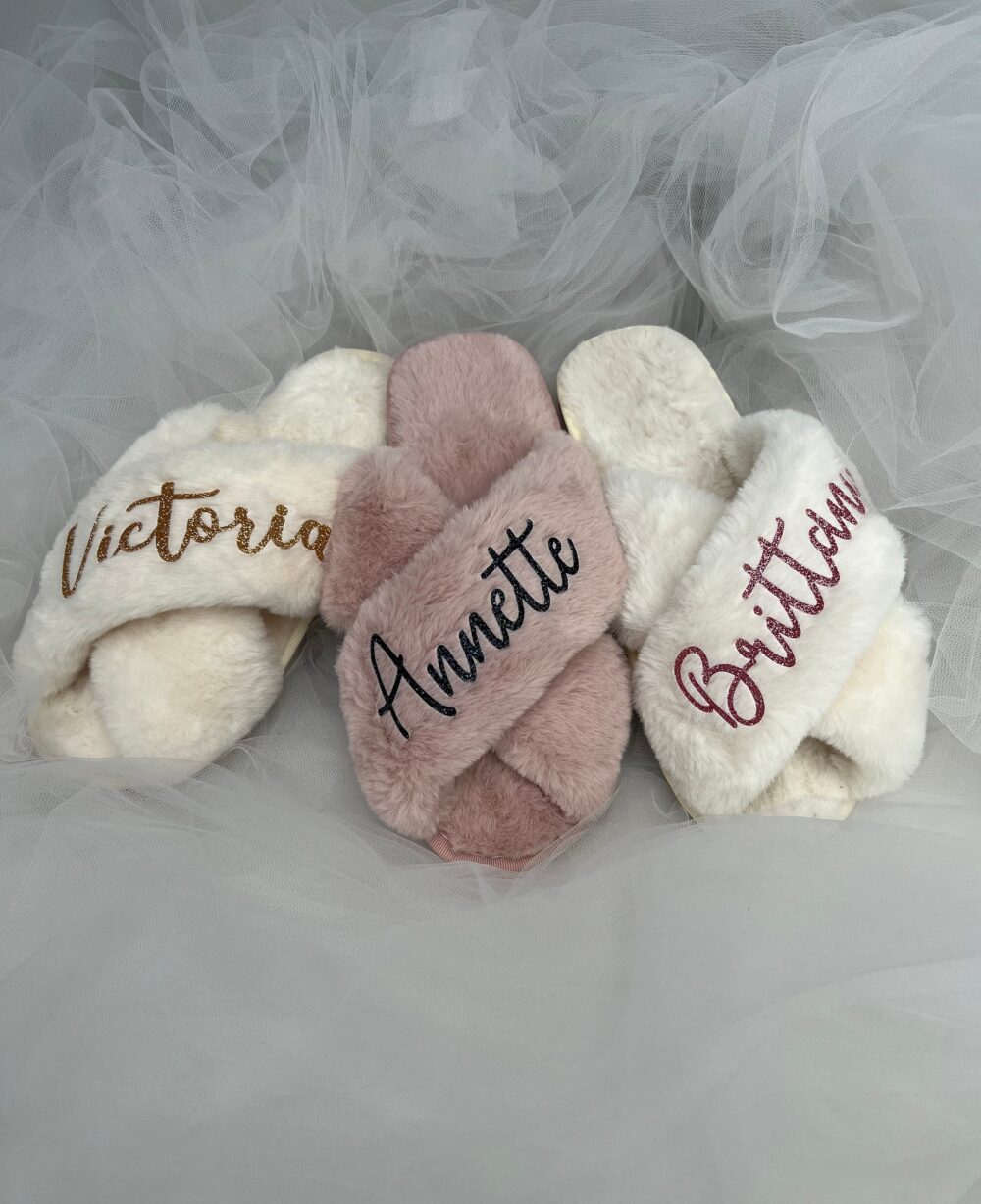 Personalized Bridal Shower Fluffy Cross Slippers, Custom Bride Slippers For Wedding, Bridesmaid Bachelorette Party, Holiday Gifts