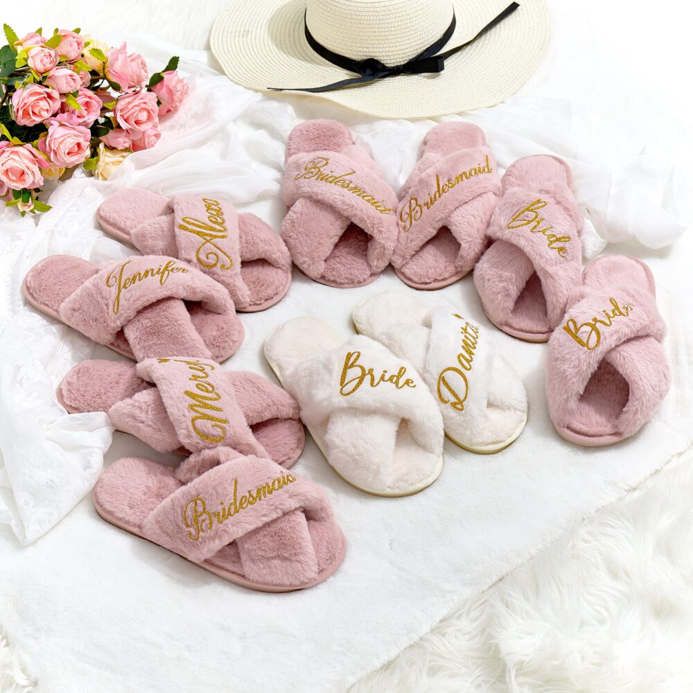 Fluffy Bride Bridesmaid Slippers, Bachelorette Party, Gifts Proposal, Personalized Soft House Party Gift