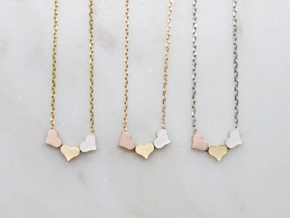 Tiny Triple Hearts Necklace, Three Gold, Silver, Rose Trios Heart Pendant, Gift For Mom, Friend, Wedding -S2357