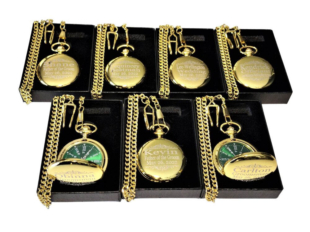 7 Personalized Pocket Watches - Green Dial Watch Comes in 4 Colors Gift Box With Chain & Engraving Set
