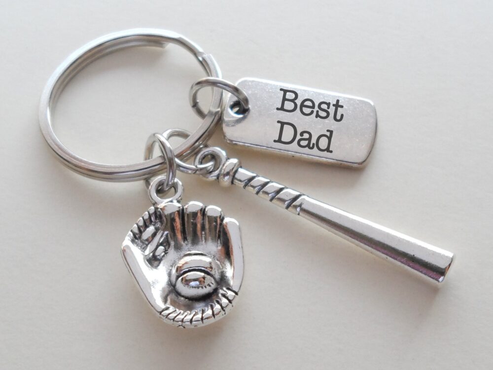 Baseball Keychain For Dad, Glove & Bat Charm With Custom Engraved Tag, Father's Day Gift, Gift For Fathers Sport Key Chain