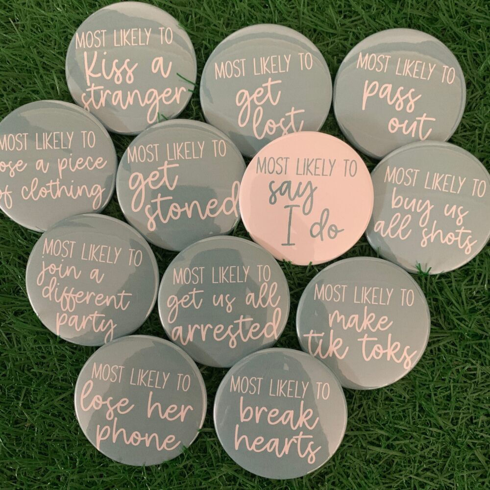 Blush Wedding Party Buttons For Bachelorette Or Bridesmaids. Pinback Buttons With 1 Free Bride Pin, Add in Gift Proposal Box, Style 2