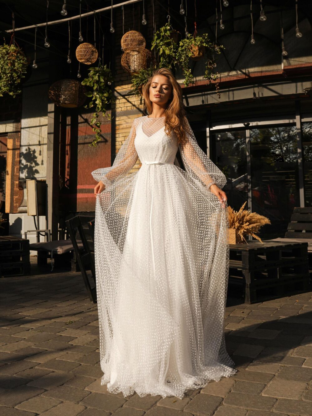 Chiffon Laconic A-Line Dress With Train, Bridal Open Back Gown, Small V-Neck, Linen Style & Polka Dot Translucent Cape Top