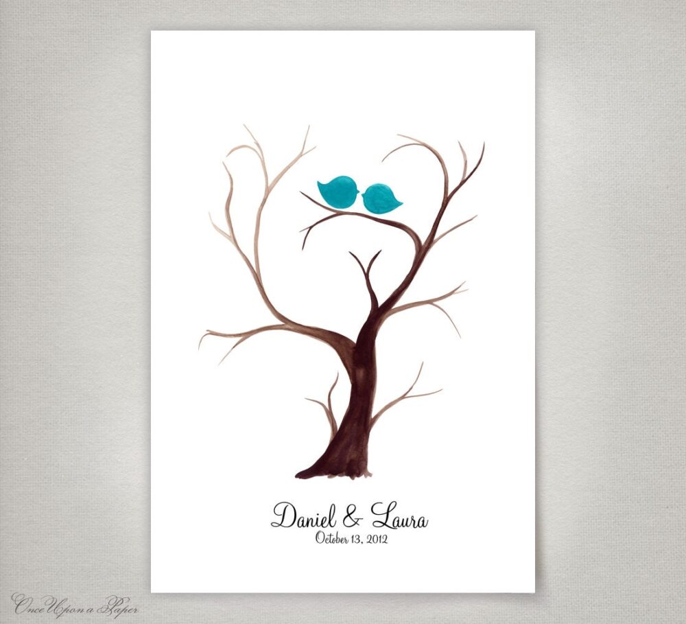 Custom Fingerprint Wedding Guest Book Alternative - Tree Trunk Ready Thumbprint Wedding Guestbook & Love Birds