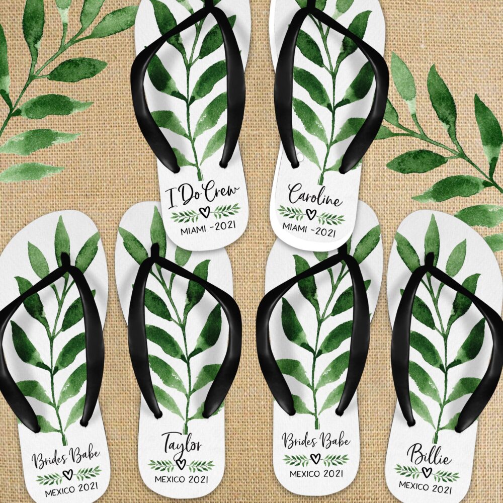Bridesmaid Gifts For Greenery Wedding - Custom Flip Flop Sandals Bridal Party Personalized Dancing Flops Outdoor Reception