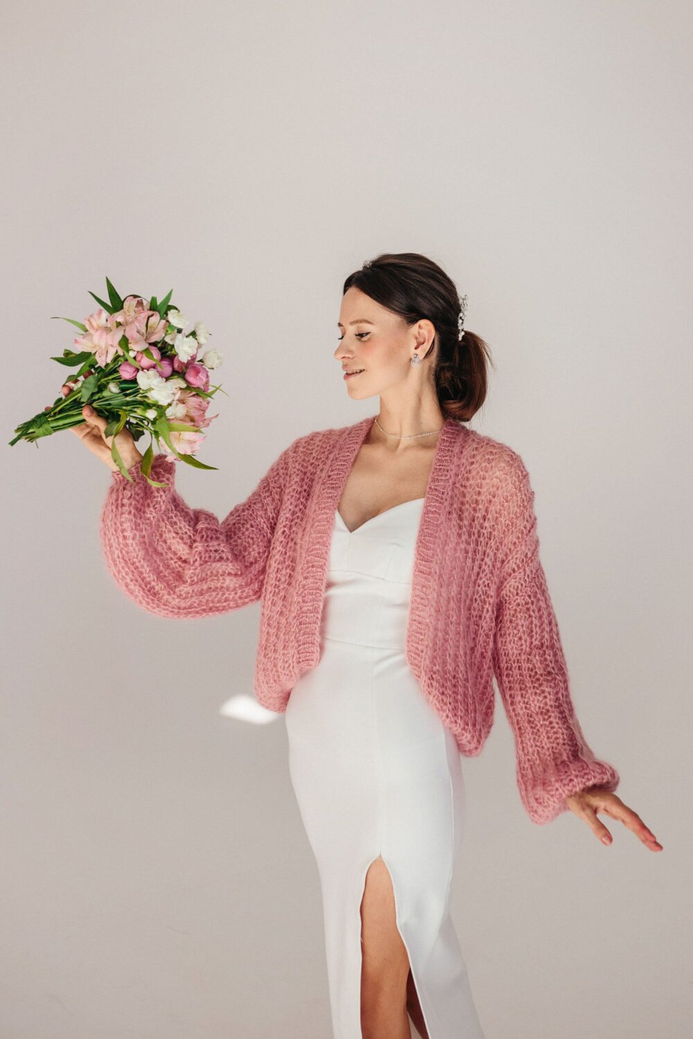 Pink Sweater Mohair Cardigan Wedding Jacket Bridal Knitted Cover Wool Coat