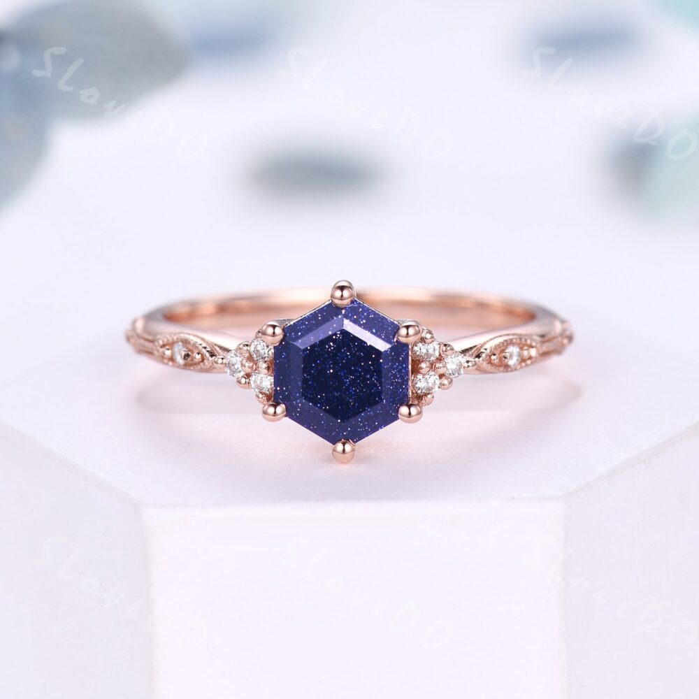 Hexagon Blue Sandstone Engagement Diamond Ring, Vintage Dainty Galaxy Ring, Unique Stacking Band, Art Deco Rose Gold Promise Anniversary Ring