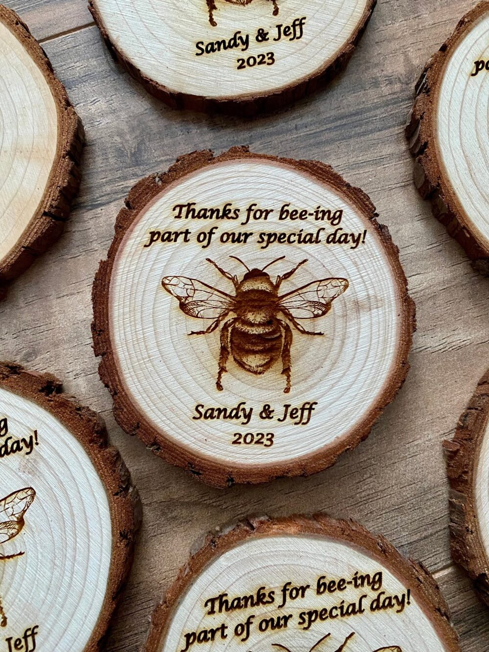 Custom Wood Slice Wedding Favors - Laser Engraved With Couple's Names, Date, & Bee