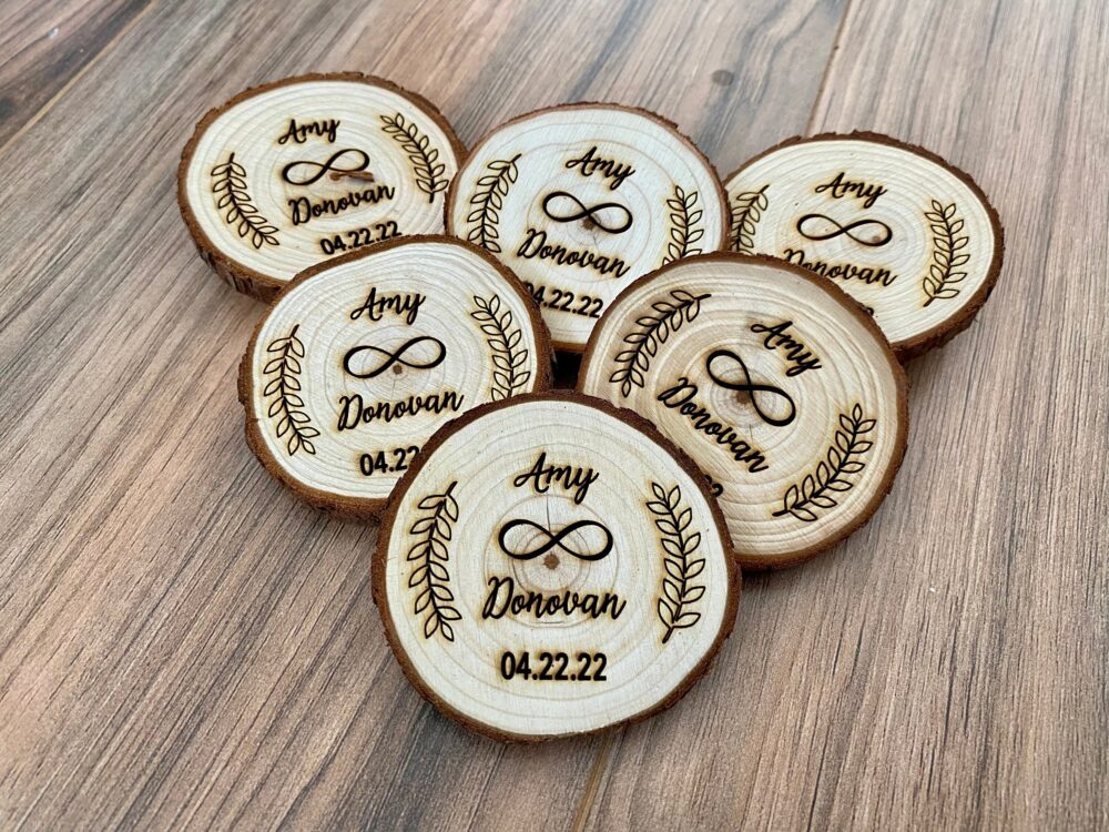 Custom Wood Slice Wedding Favor Or Save The Date - Laser Engraved With Names, Date, & Magnet
