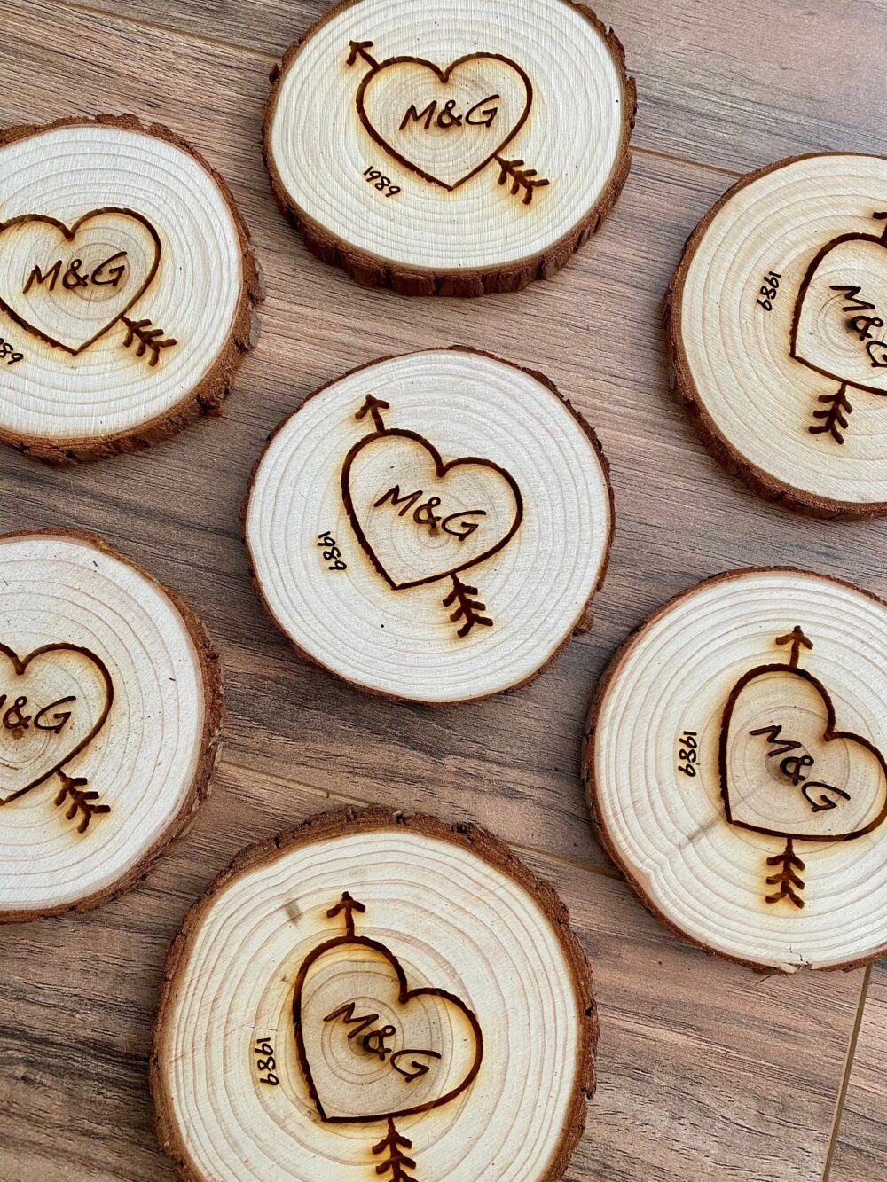 Custom Wood Slice Wedding Favors - Laser Engraved With Heart, Couple's Initials, & Date Or Year