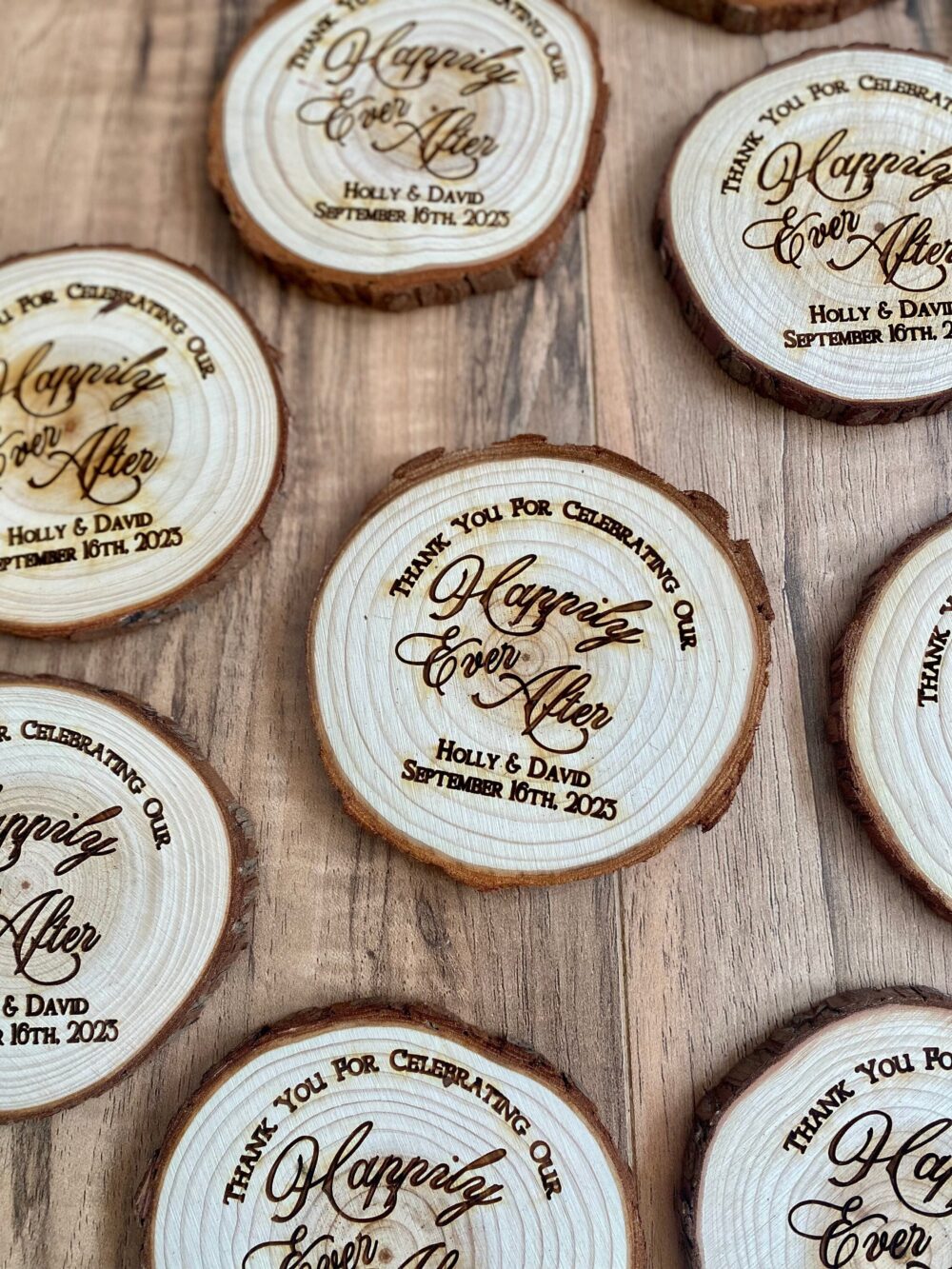Custom Wood Slice Wedding Favors - Laser Engraved With Couples' Names & Date