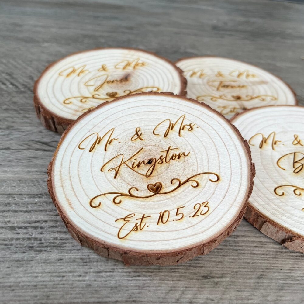 Custom Wood Slice Wedding Favors - Laser Engraved With Couple's Names, Date, & Heart Accent