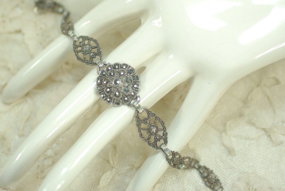 Antique Sterling Art Deco Flower Marcasite Bracelet, Wedding Mother's Day Graduation Friend Birthday Anniversary Trending Bracelet Under 125