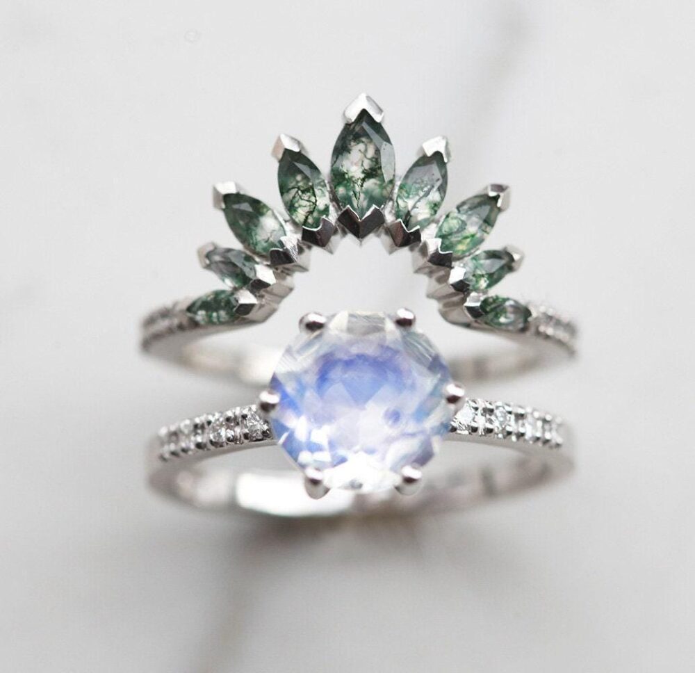 Moonstone Engagement Ring Set, Moss Agate Matching Band, Unique Mossy Wedding Pave Diamond Band
