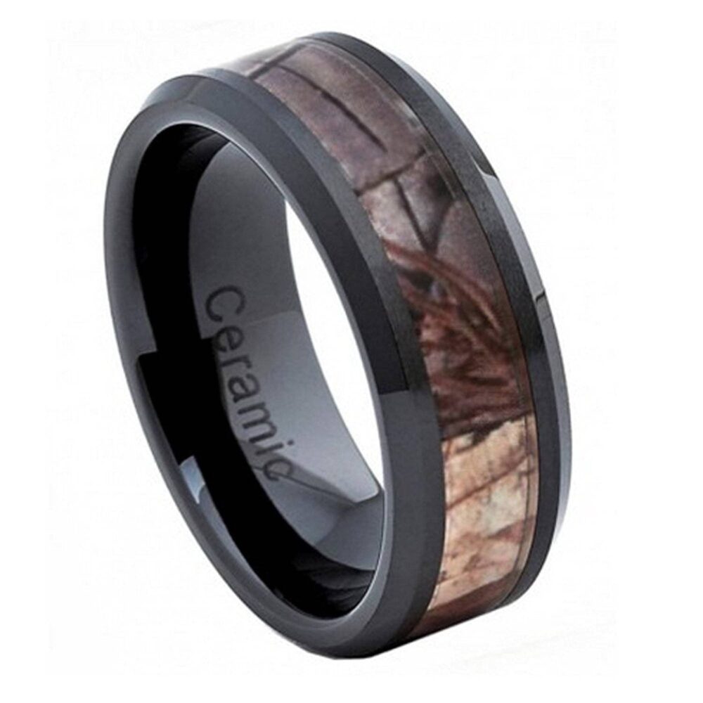 Custom Engraving - 8mm Black Ceramic Beveled Edge With Forest Hunter Camo Inlay Wedding Band Ring For Men