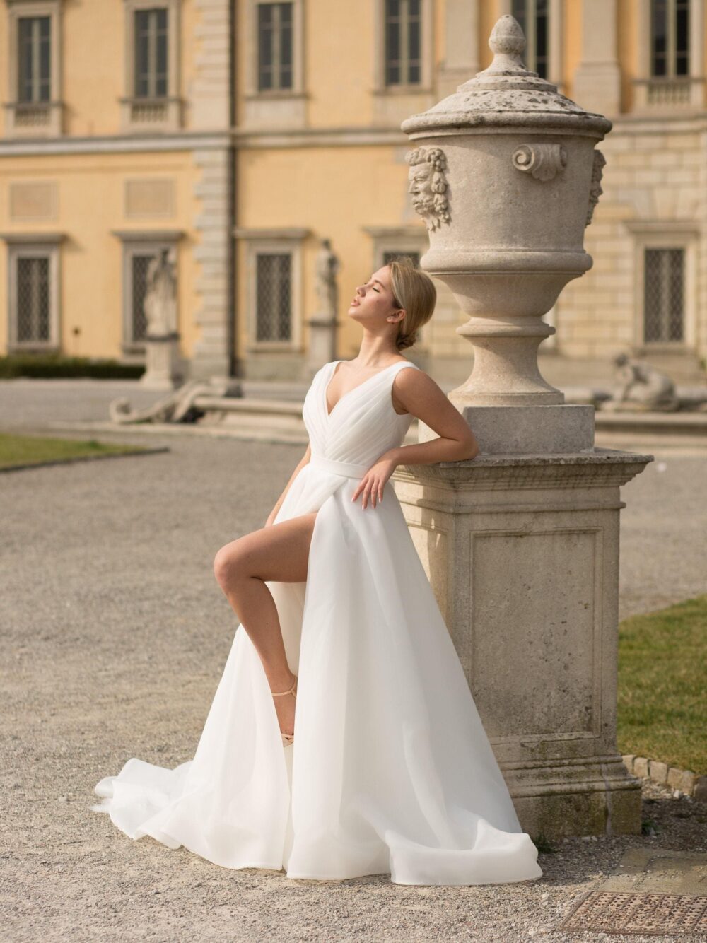 Minimalist Wedding Dress With High Slit, Bohemian Dress, Simple Organza Gown, A-Line Bridal Custom Size