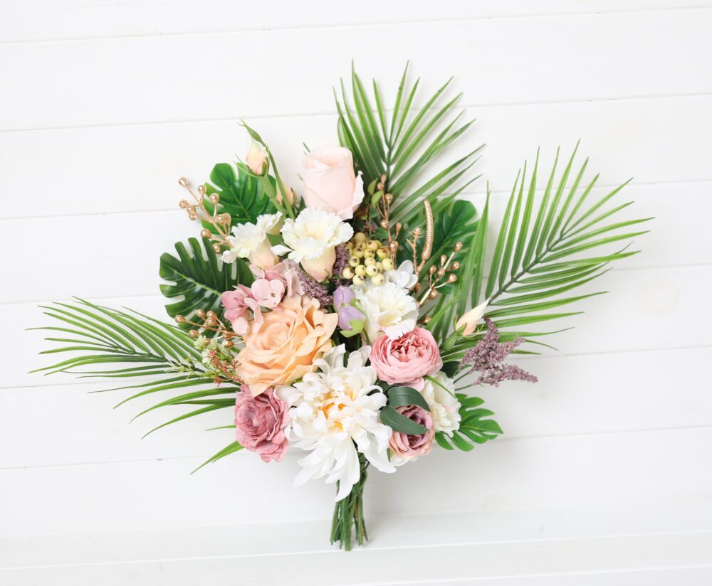 Tropical Bouquet, Beach Wedding Bouquet, Palm Leaves Wedding Creamy Eustoma Dusty Pink Bouquet Gold Branches