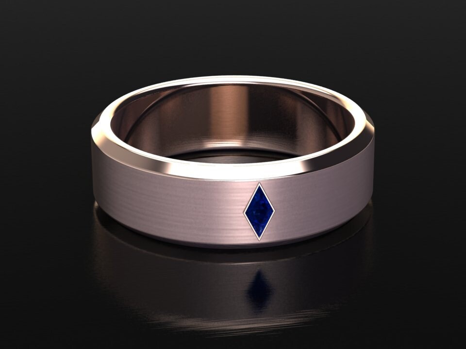 Mens Wedding Ring, Sapphire Band, 6.5mm Brushed Finish Center, Unisex, Blue Solid Rose Gold