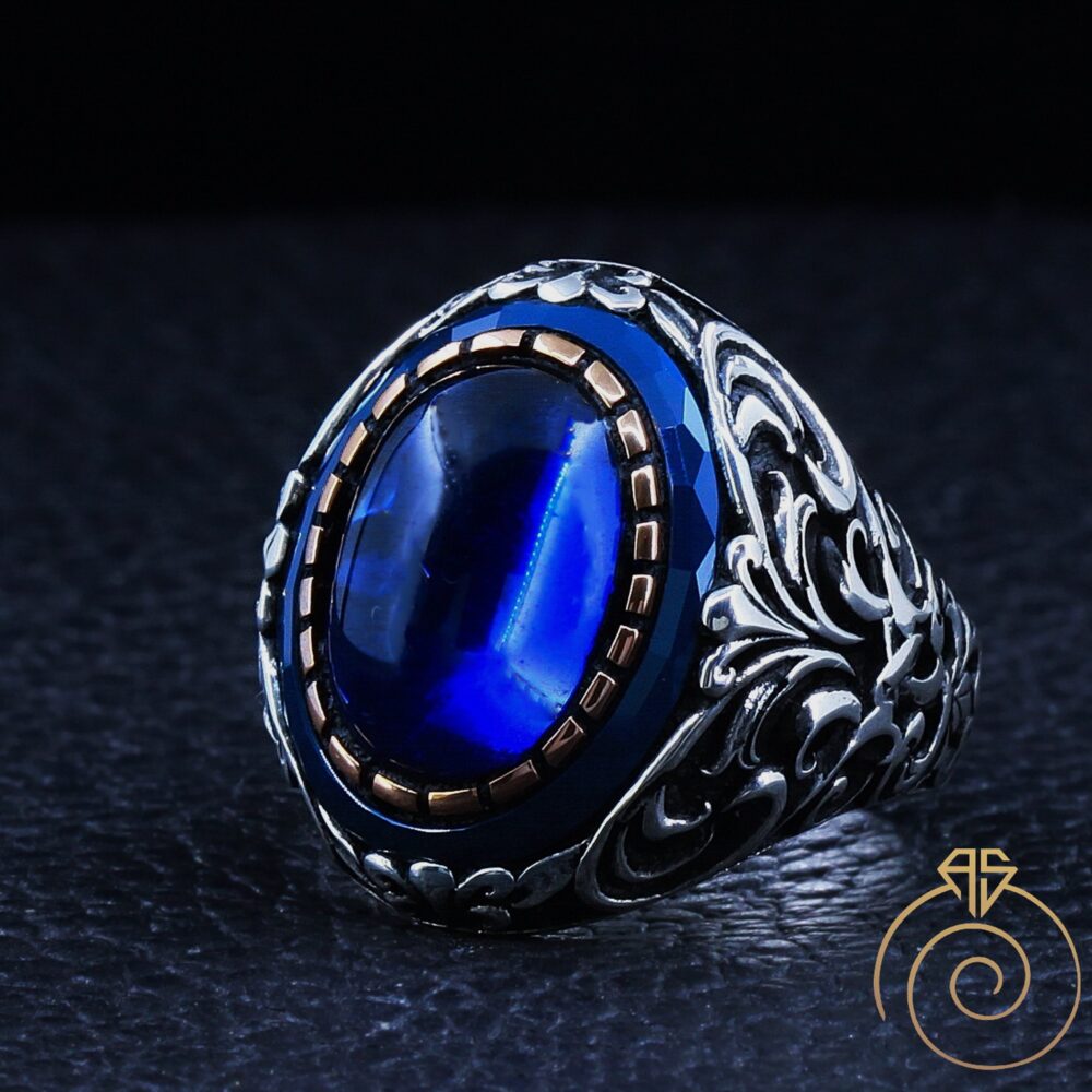Mens Blue Sapphire Ring, Vintage Engagement Statement Wedding Ring For Men, Anniversary Handmade Men Antique Silver Jewelry