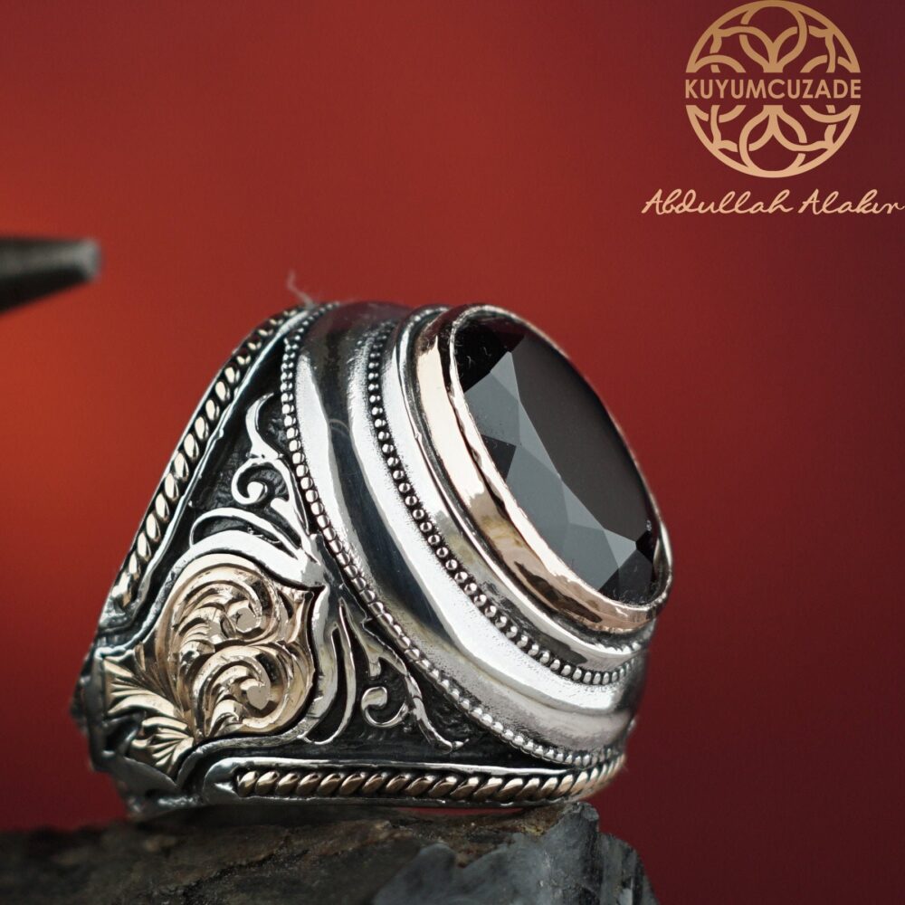 Men's Dark Blue Sapphire Sterling Silver, Raw Navy Gemstone Silver Ring, Handmade Ring For Men, Engraved Ring