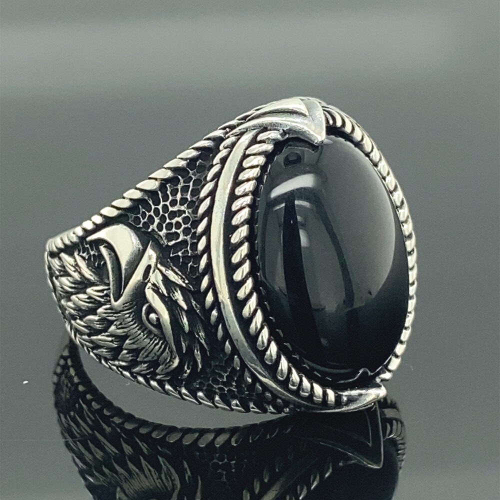 Mens Handmade Ring, Black Onyx Gemstone Eagle Signet Men Sterling Silver Ring, Ottoman Jewelry Gift For Him