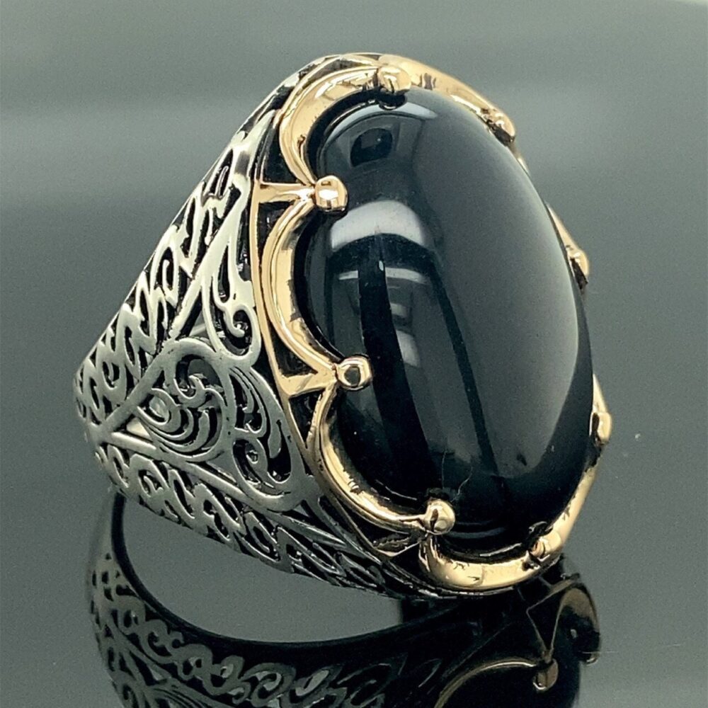 Mens Handmade Ring, Large Black Onyx Gemstone Ring, Men Sterling Silver Ottoman Jewelry Vintage Gift For Father's Day