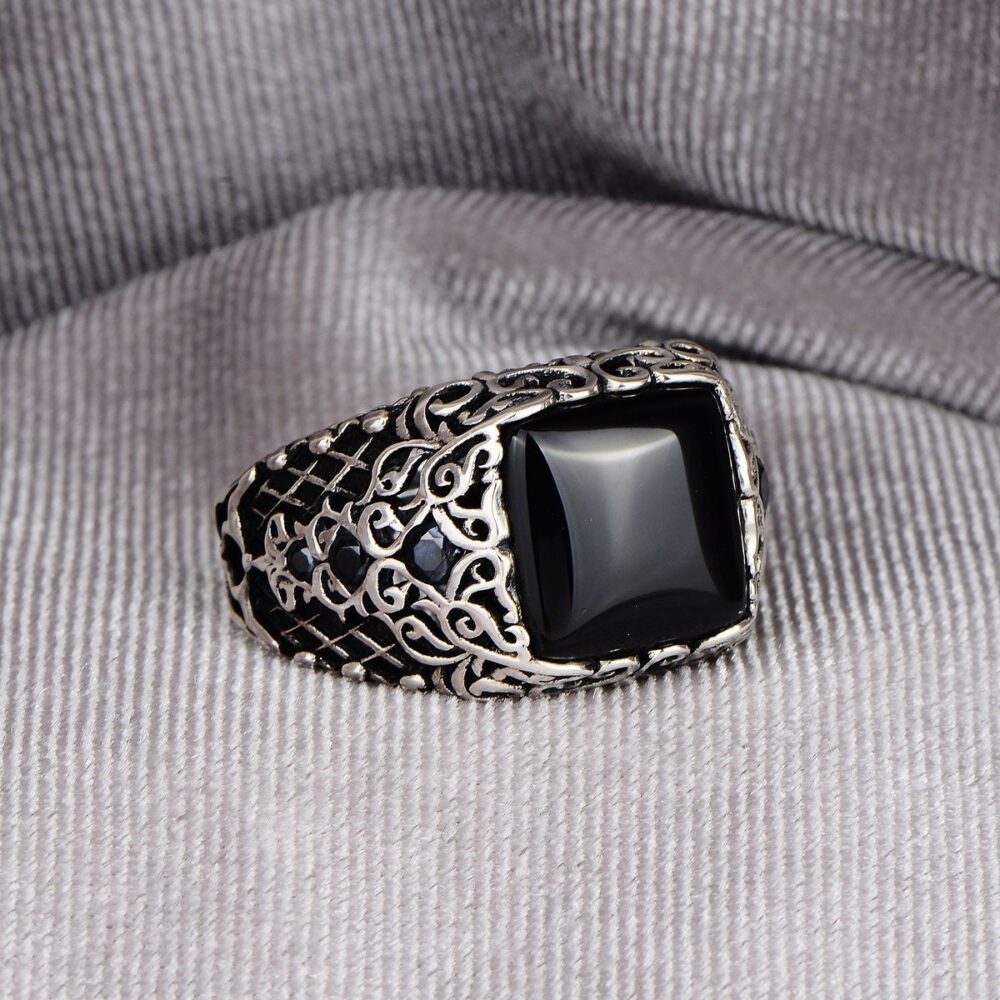 Men Handmade Ring, Square Onyx Gemstone Stone Ottoman Sterling Silver 925K, Gift For Him