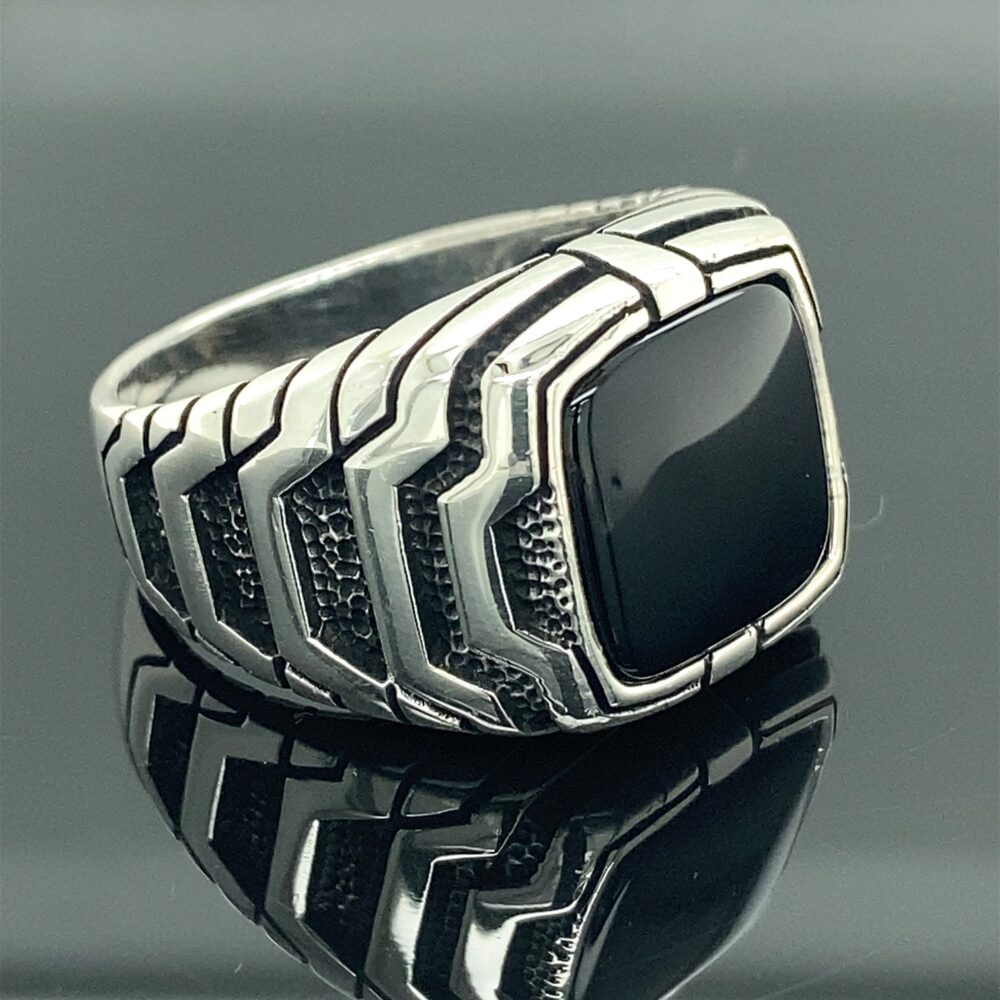 Mens Square Onyx Ring, Black Stone Modern Silver Men Signet Man 925K Sterling Gift For Him