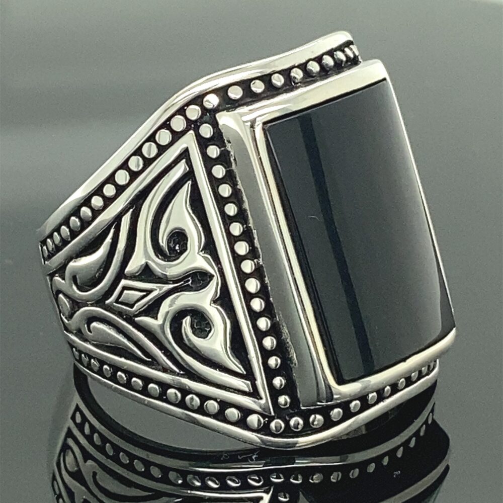 Men Handmade Ring, Black Onyx Stone Natural Gemstone Embroidered Men's 925K Sterling Silver Gift For Him