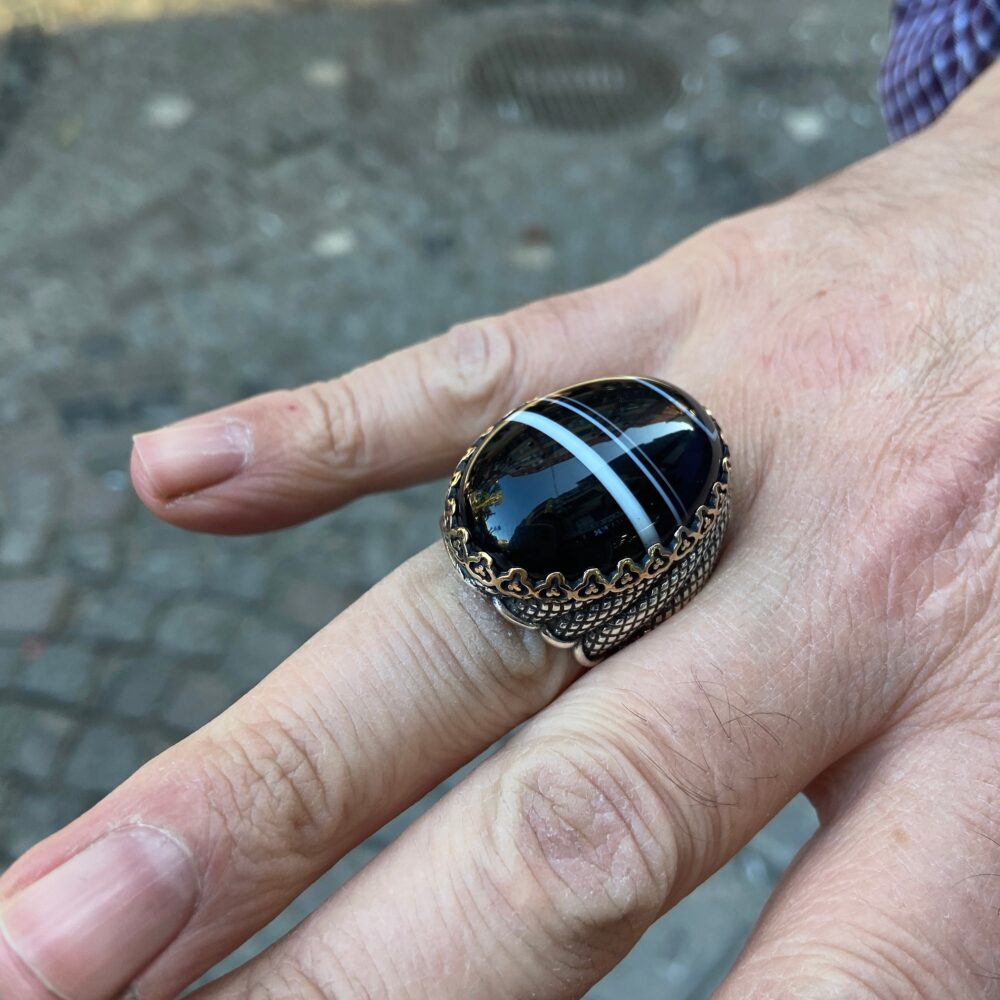 Mens Handmade Ring, Large Onyx Stone Ring, Men Sterling Silver Striped Ottoman Jewelry Gift For Father's Day