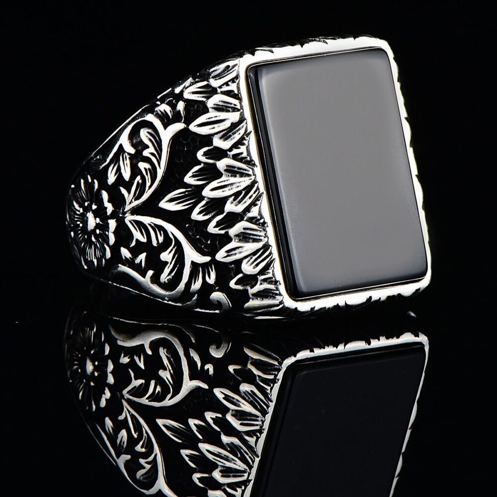 Mens Black Onyx Ring, Silver Ottoman Embroidered Men's Anniversary 925K Sterling