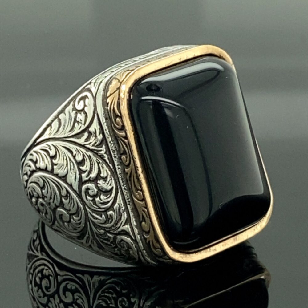 Men Handmade Ring, Natural Onyx Stone Black Ottoman Style Embroidered 925K Sterling Silver Gift For Him