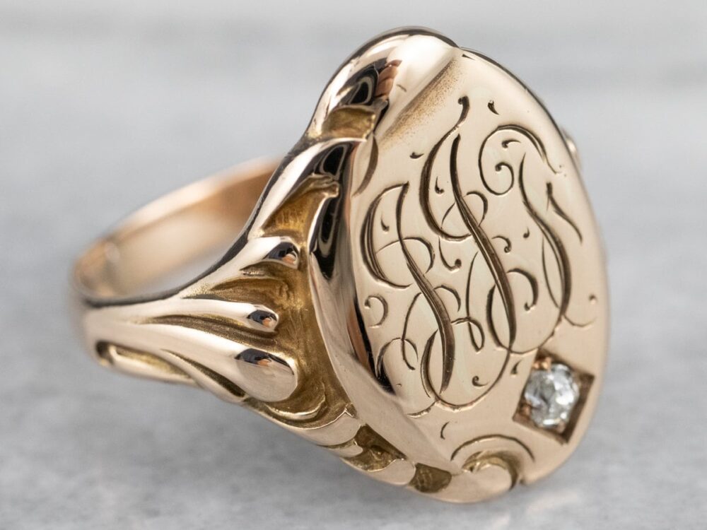 Unisex Victorian Gold & Diamond Signet Ring, Antique Monogram, "Jjt" Initials, Monogram Ring A4124