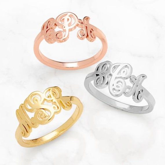 Silver/Gold/Rose Gold Over Sterling Petite Monogram Ring, Personalized Custom Embossed Name Band Ring