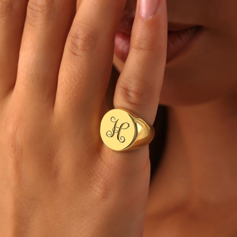 14K Gold Initial Signet Ring, Personalized Monogram Ring, Engraved Ring, Custom Ring, Mothers Day Gift, Letter Ring, Initial Ring