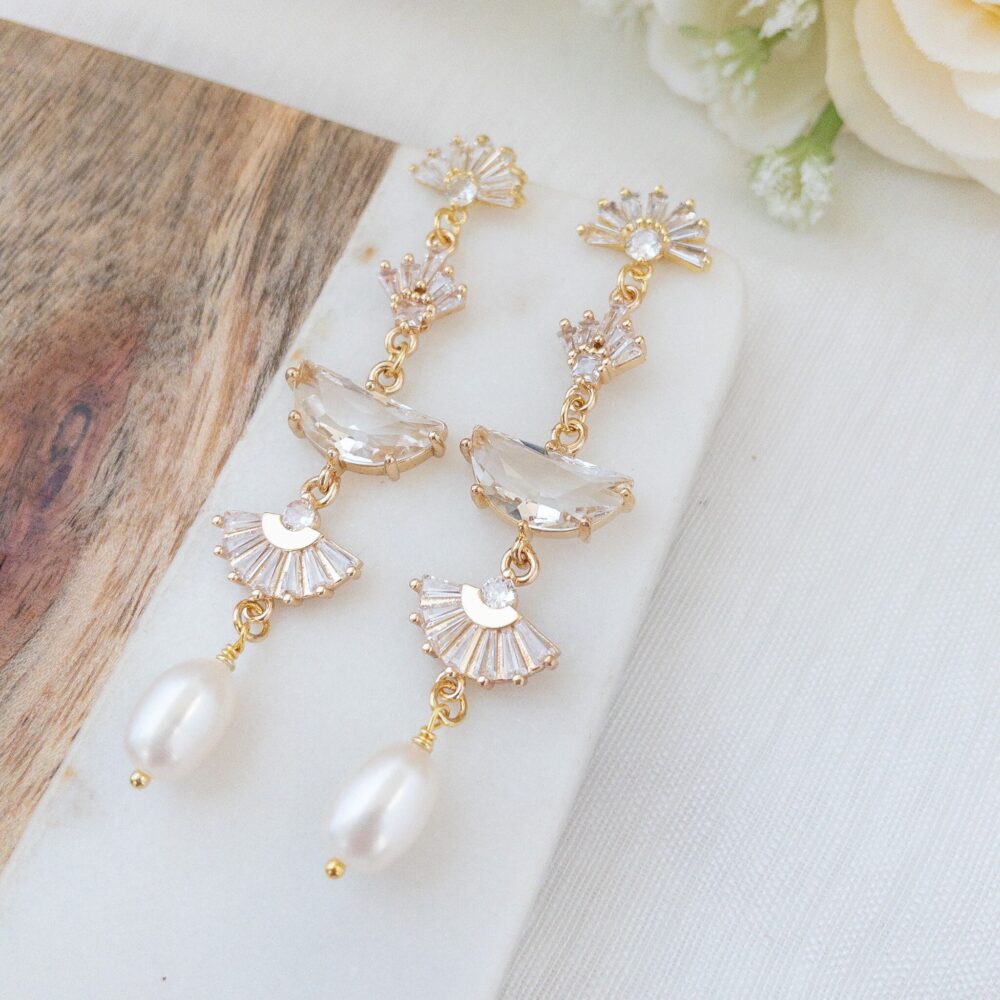 Wedding Earrings For Bride Long Bridal Gold Pearl Art Deco Statement Crystal Shower Jewelry Gift