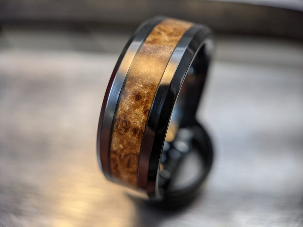 Black Ceramic Ring, Wooden Wedding Band, Ash Burl Wood Inlay