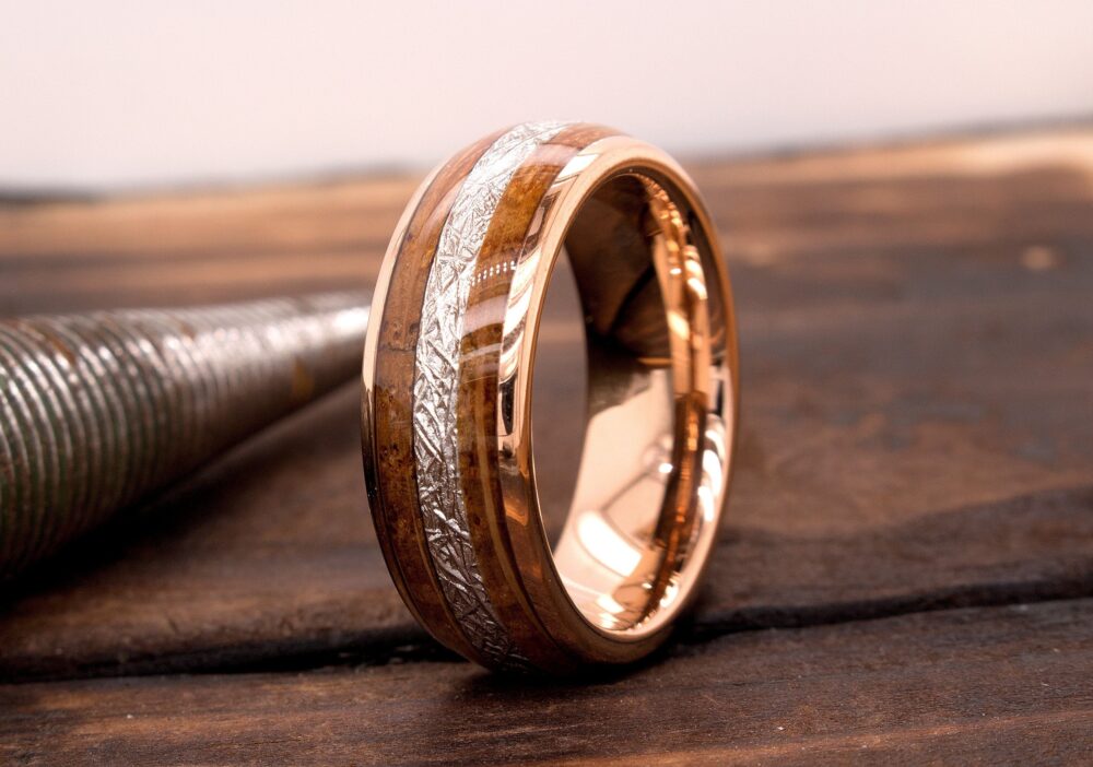 Wood Wedding Band - Tungsten Ring Meteorite Mens 8mm Rose Gold