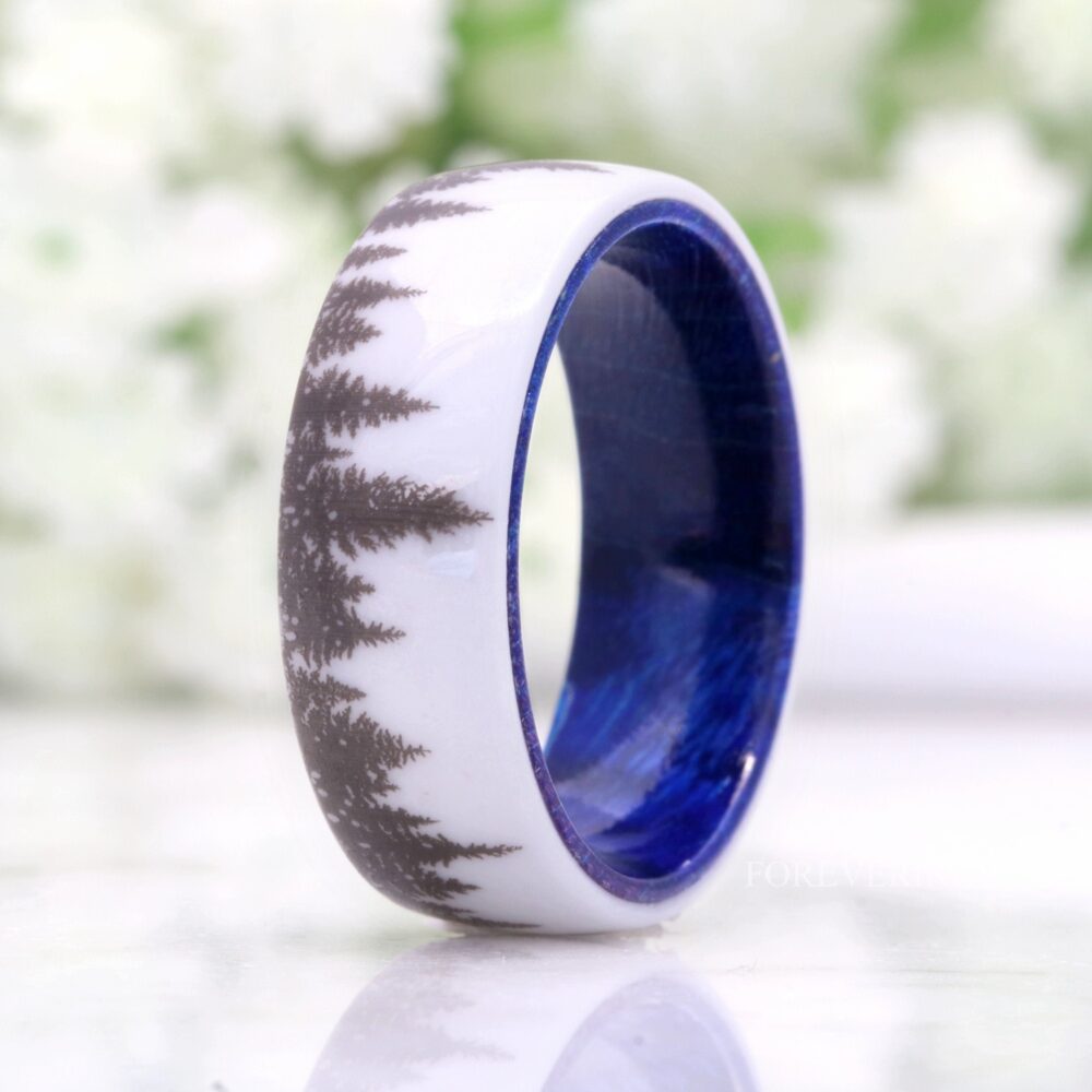 Man Forest Tree Ring, Blue Wood Wedding Band, 8mm-6mm White Ceramic Nature Landscape Pine Promise Dome Polish