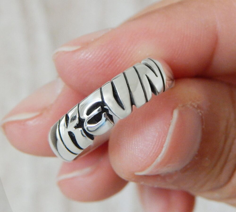 sterling Silver Name Ring - Slanted Script 5mm, 7mm & 10mm Bands Personalized Custom