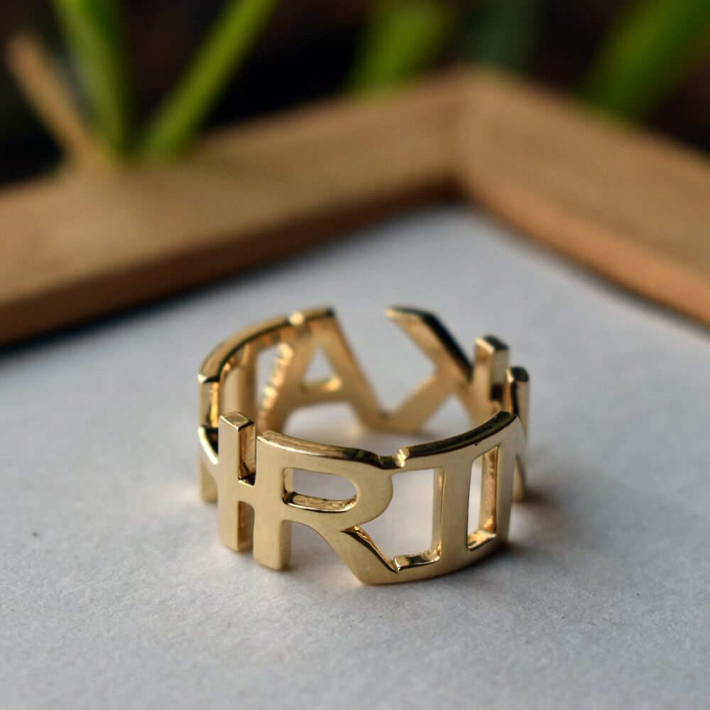 14K 18K Solid Gold Chunky Name Ring, Full Eternity 8mm Broad Personalized Band, Customized Jewelry Xmas Gift, Capital Letter Ring