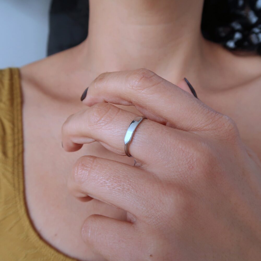 Thin Rectangular Stainless Steel Ring, Minimal Geometric Unique Stacking Band Abstract Modern Waterproof Tarnish Free Jewelry Gift For Her