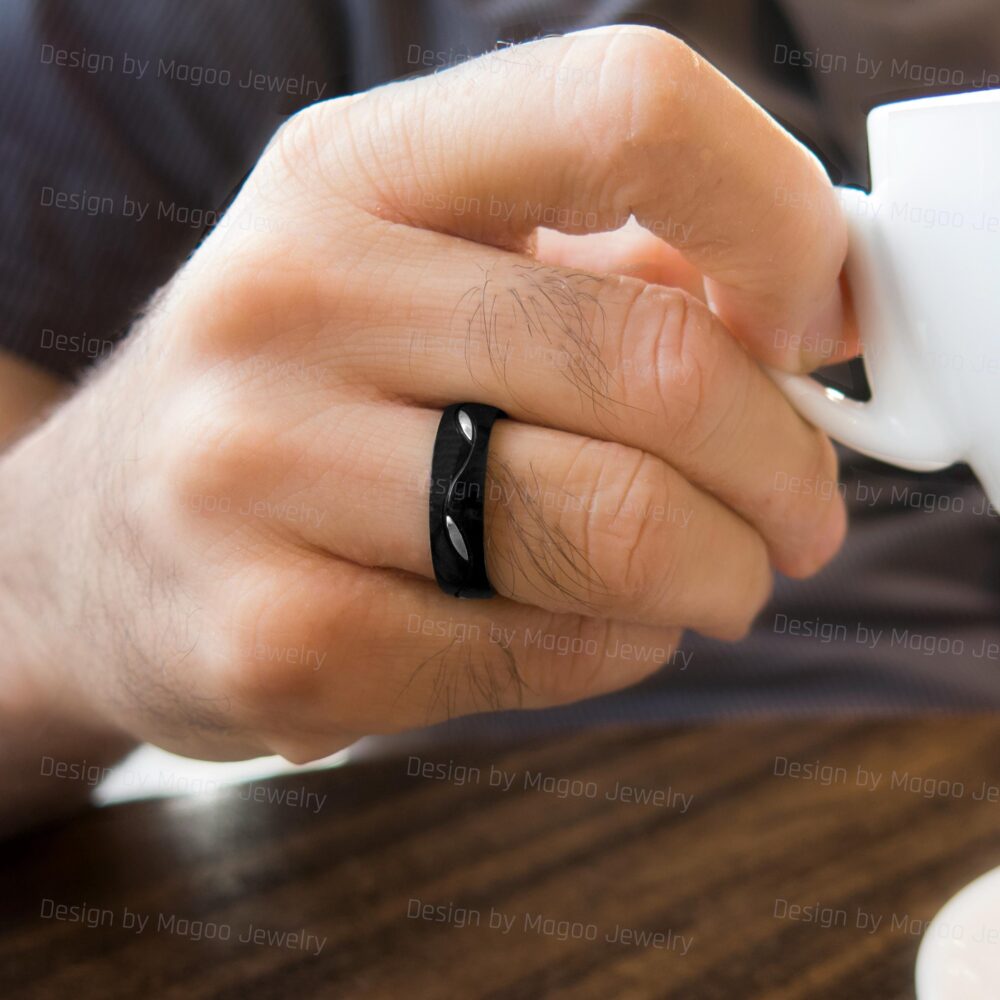 Mens Designed Stainless Steel Ring, Wedding Band, Black Durable Men Unique Anniversary Ring