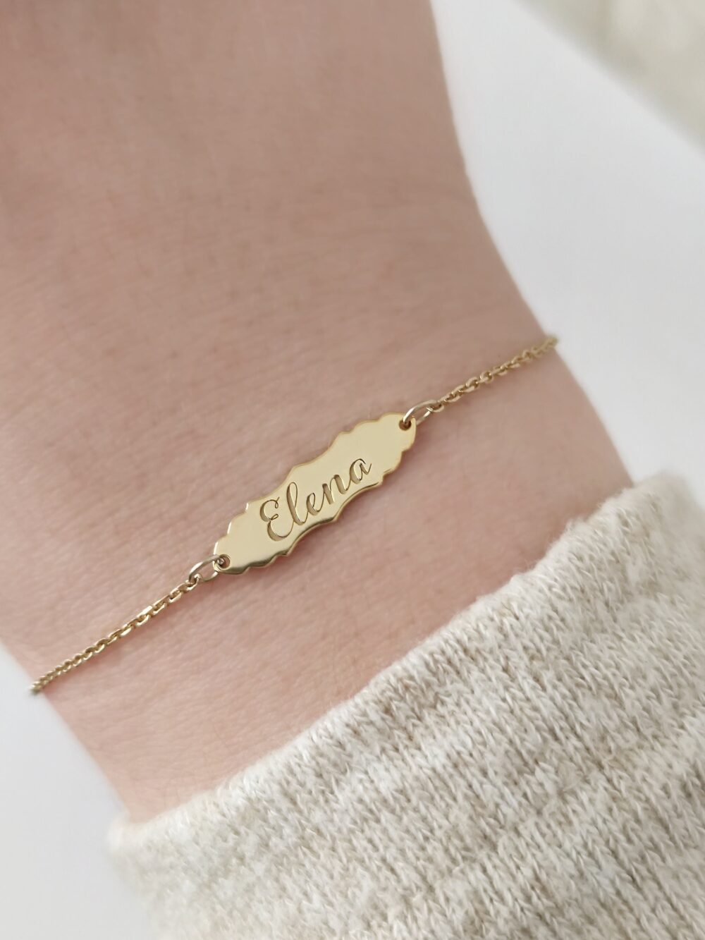 14K 9K Personalized Engraved Name Bar Bracelet, Vintage Dainty Solid Gold Chain Bracelet, Custom Unique Gift