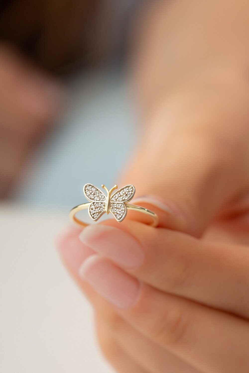 14K 18K 10K Dainty Gold Cz Butterfly Ring, Statement Women Delicate Jewelry
