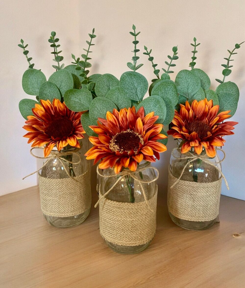 Fall Wedding Centerpieces Rustic Sunflower Decor Orange Farmhouse Burlap Mason Jar Table