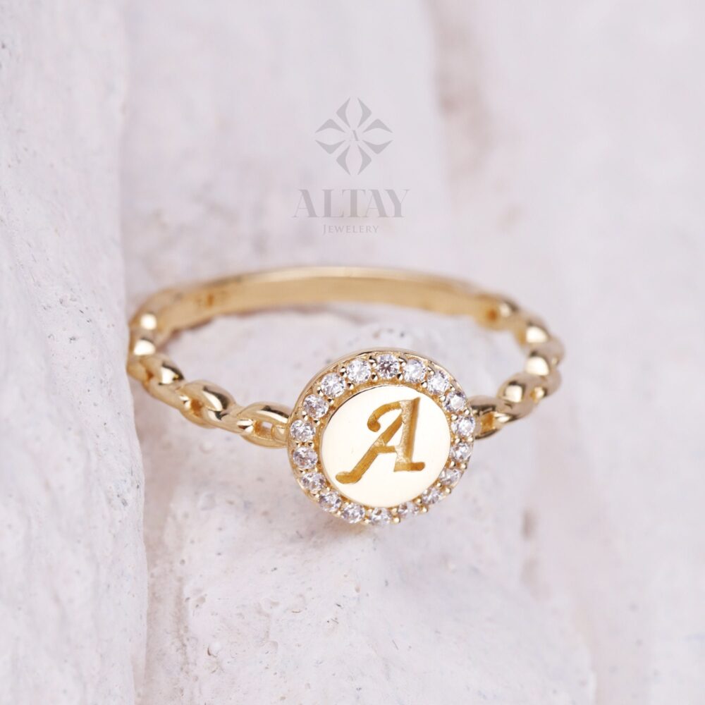 14K Gold Initial Ring, Cz Diamond Cursive Initial, Dainty Letter Band, Name Monogram Personalized Jewelry, Customized Tiny Gift