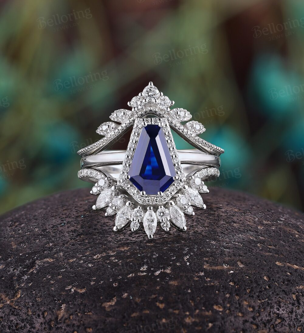Vintage Coffin Sapphire Engagement Ring Set Moissanite Diamond Halo Art Deco Curved Wedding Band White Gold Promise