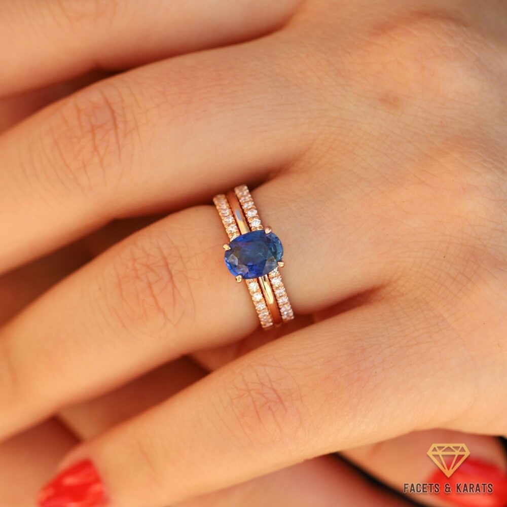 Oval Sapphire Engagement Ring & Wedding Set For Women, Moissanite Band Bridal Of 3, in 14K Solid Gold