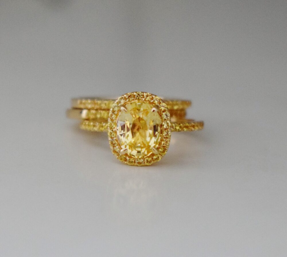 Yellow Sapphire Bridal Set. Engagement Ring, Matching Bands. Unique Engagement Rings. 14K Gold Ring Set By Eidelprecious